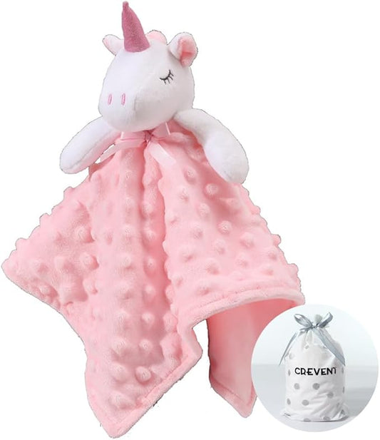 CREVENT Cozy Plush Baby Security Blanket Loveys for Baby Girls, Minky Dot Front + Sherpa Backing with Animal Face (Pink Unicorn)