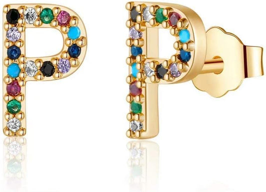 Memorjew Initial Stud Earrings for Women, Hypoallergenic 925 Sterling Silver Post Rainbow Cubic Zirconia Gold Plated 26 Initial Earrings for Women Jewelry Gifts