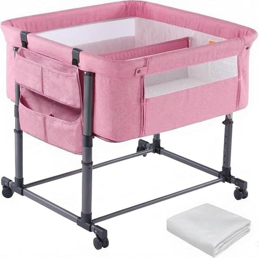 MTWML Twin Bassinet for 2 Babies,Portable Twins Crib with Storage Bag and Replaceable Mattress Cover,Adjustable Height Double Bedside Crib Attaches to Bed with Strap for 0-6 Months (Pink)