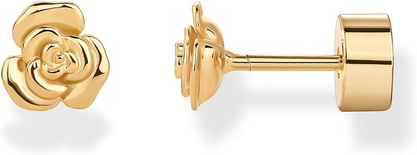 PAVOI 14K Gold Plated Dainty Flat Back Earrings for Women - Hypoallergenic Sterling Silver Posts Helix Cartilage Piercing Jewelry - Emoji Motif Bow Celestial Flatback Gold Stud Earrings Screw Back