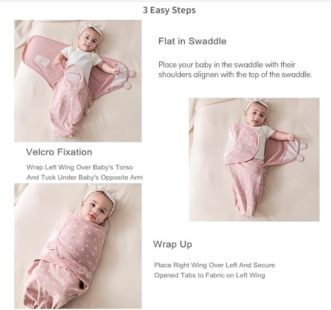 insular Baby Swaddle Wrap, Swaddle Blanket for Newborn and Infant, Adjustable Velcro Swaddling Set for Boy and Girl, Soft Cotton Baby Sleep Sack 3 Pack, Pink Swan, Medium(3-6M)