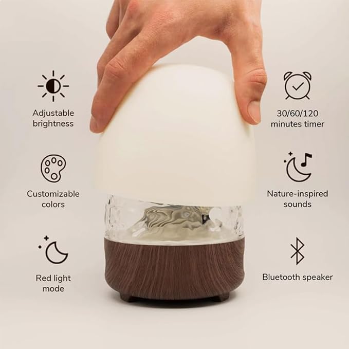 Lunie Light - Night Light & Bluetooth Noise Machine with Ocean Wave Projector, Speaker, Lampshade & Remote - 4 White Noise, 16-Color Touch Dimming for Sleep & Relaxation (White)