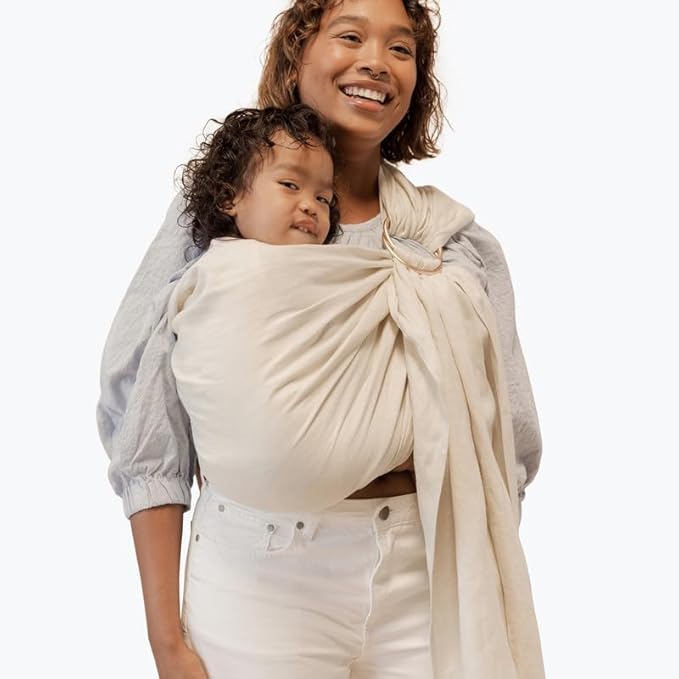 WildBird - Ring Sling Baby Carrier - Newborn to Up to 35 lbs - for Moms, Dads & Caregivers - 100% Natural European Linen Fibers - Versatile & Adjustable - 90” Size - Sparrow Fabric & Black Ring