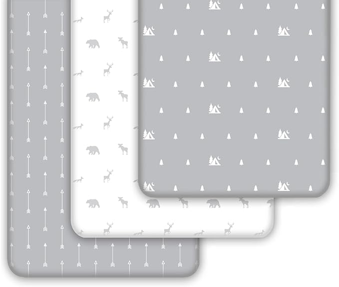 Fitted Unisex Crib Sheets (3 Pack) by GROW WILD - Jersey Knit Cotton Crib Sheets for Boys or Girls, 52” x 28” x 9” Crib Bedding Set (Woodland Gray and White)