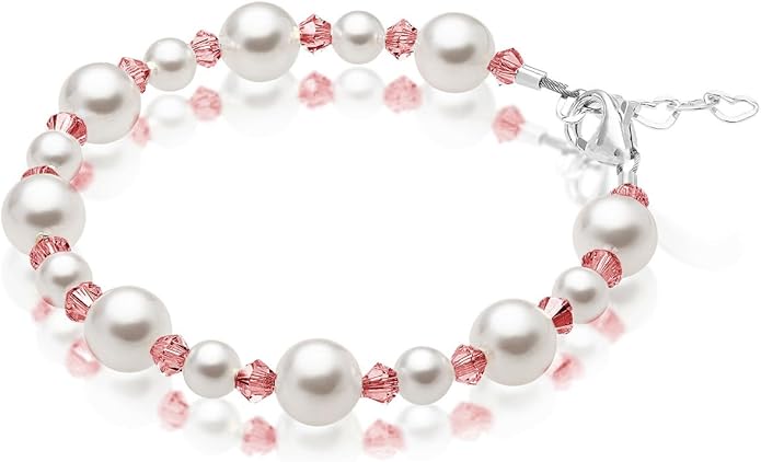 Sterling Silver Initial Charm Personalized Birthstone Bracelets for Girls, Baby Girl, Birthday Gifts for, Newborn, infant, Toddler, Teen, Pearl Bracelet, Birthstone Jewelry Crystals