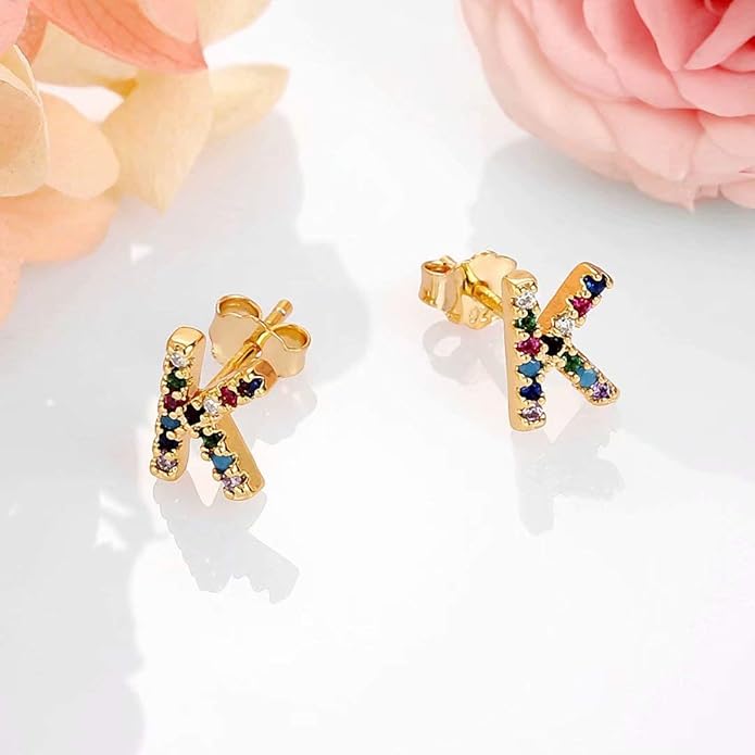 Memorjew Initial Stud Earrings for Women, Hypoallergenic 925 Sterling Silver Post Rainbow Cubic Zirconia Gold Plated 26 Initial Earrings for Women Jewelry Gifts