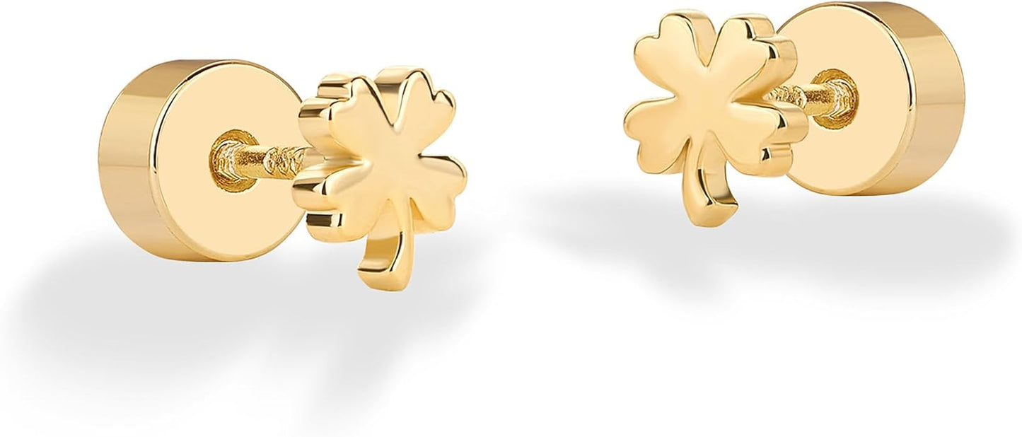 PAVOI 14K Gold Plated Dainty Flat Back Earrings for Women - Hypoallergenic Sterling Silver Posts Helix Cartilage Piercing Jewelry - Emoji Motif Bow Celestial Flatback Gold Stud Earrings Screw Back