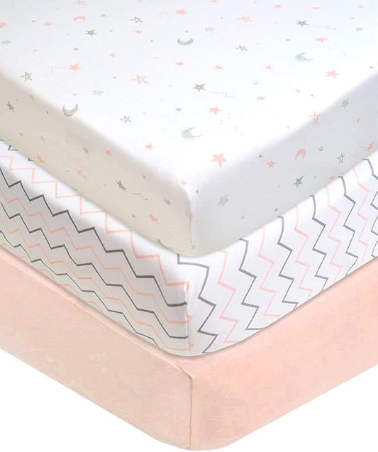 American Baby Company 3 Pack 100% Natural Cotton Fitted Crib Sheets 52" x 28" - Soft, Breathable, Hypoallergenic & Gentle Toddler Bed Sheets, Blush Pink Star/Zigzag, Neutral for Boys & Girls