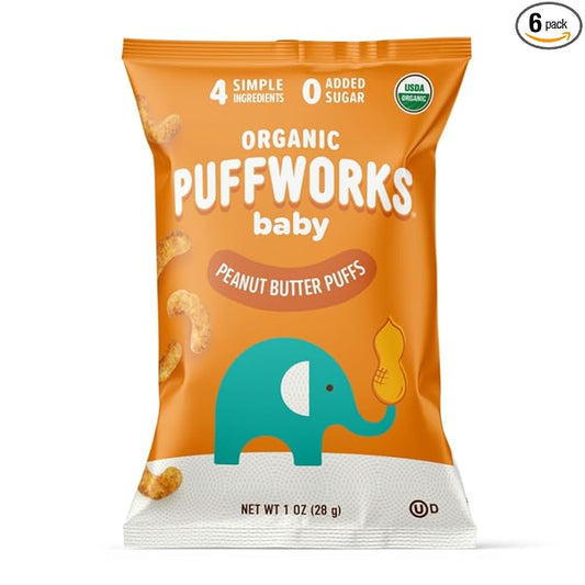 Puffworks Baby Organic Peanut Butter Puffs, Perfect for Early Peanut Introduction, Plant Protein, USDA Organic, Gluten-Free, Vegan, Non-GMO, Kosher, 1.0 Ounce (Pack of 6)