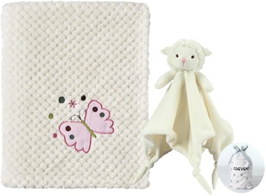 CREVENT Soft Cozy Baby Blankets for Boys Girls + Security Blanket, Set with A Gift Bag Newborn Essentials (Ivory)