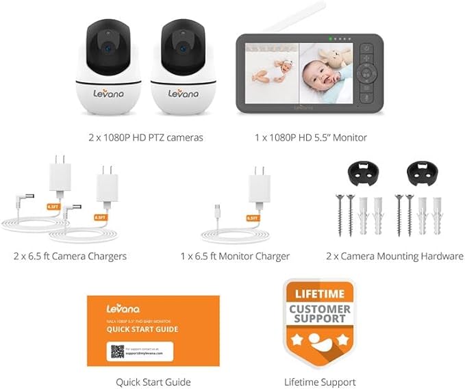 Levana Nala Video Baby Monitor, 5.5" 1080P Screen, 2 Night Vision PTZ Cameras, 22 Hour Battery Life, 5000mAH Battery, No WiFi, Two-Way Talk, 1000ft of Range Baby Cameras