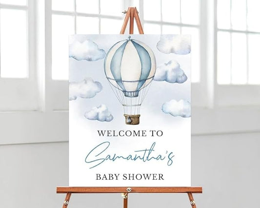 LJGL3 Adventure Awaits Baby Shower Welcome Sign, Blue Hot Air Balloon Poster, Boy Decor
