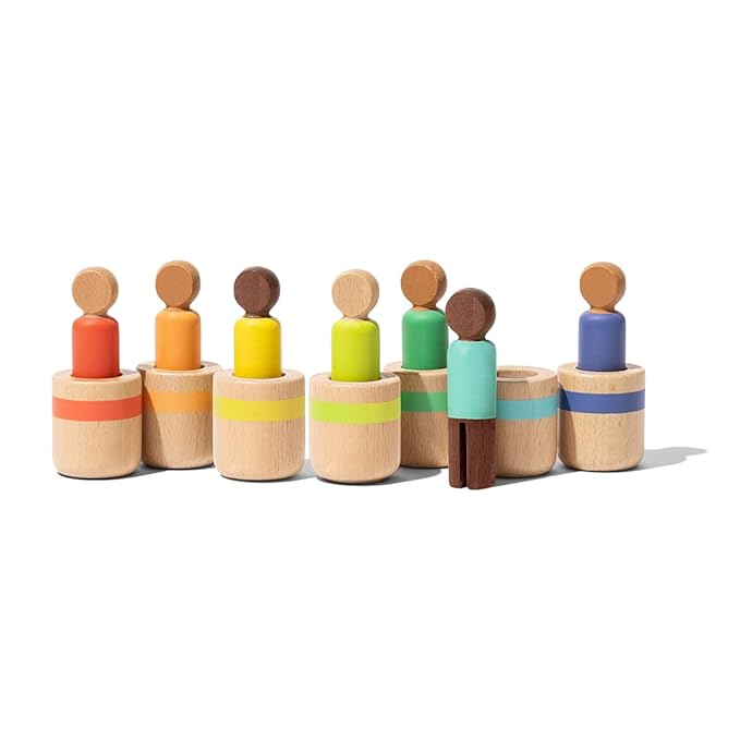 Lovevery Post & Play Peg People Baby Toy, 7 Wooden Peg Doll Practice Color Matching, Stacking, and Balancing, Ages 13 Months +