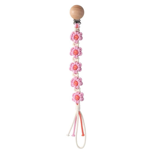 Pacifier Clips Baby Girls Floral Daisy Binky Clips Pacifier Holder Boho Wooden Clips Macrame Paci Clip Handmade Braided Cotton Pacifier Strap Pink
