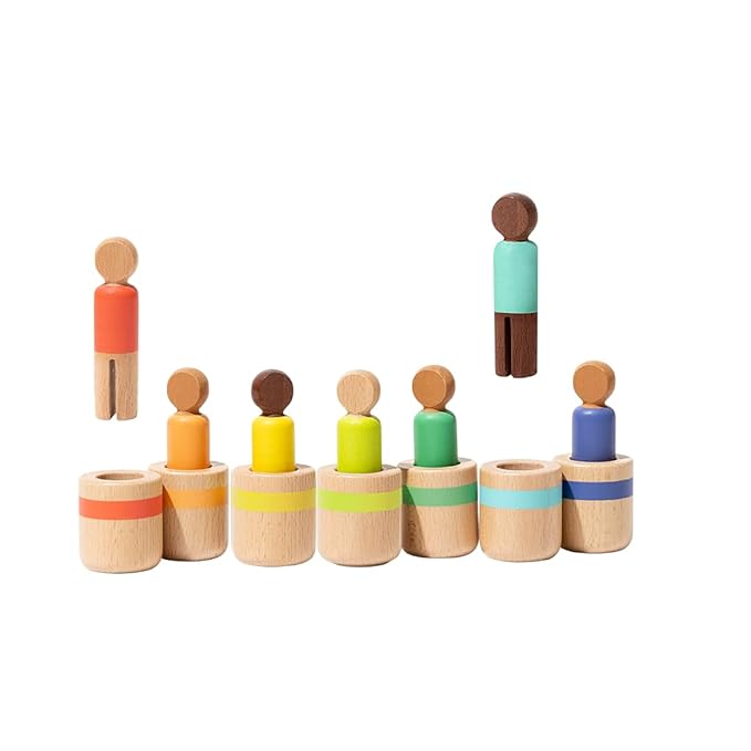 Lovevery Post & Play Peg People Baby Toy, 7 Wooden Peg Doll Practice Color Matching, Stacking, and Balancing, Ages 13 Months +