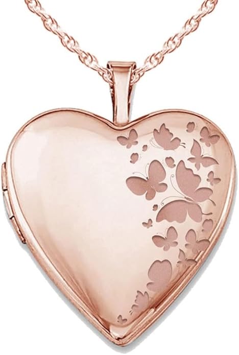 PicturesOnGold.com Personalized Heart Shaped Butterflies Photo Locket Necklace - 3/4 inch x 3/4 inch - Includes 18 inch Chain - Custom Engraved Picture Locket Necklace for Women