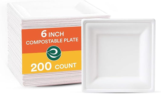 ECO SOUL Pearl White Square Paper Plates (PFAS free) | 100% Compostable Disposable Bagasse I Heavy-Duty Eco-Friendly Dinner Plates I Biodegradable Sugarcane Eco Plates (1, 6 Inch)