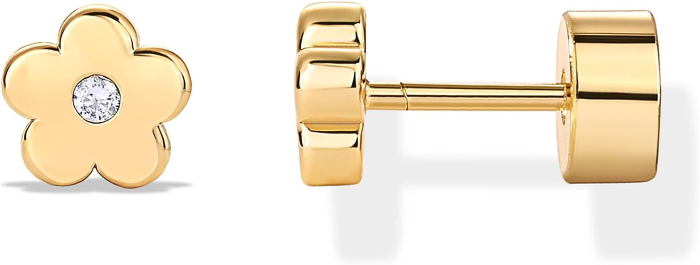 PAVOI 14K Gold Plated Dainty Flat Back Earrings for Women - Hypoallergenic Sterling Silver Posts Helix Cartilage Piercing Jewelry - Emoji Motif Bow Celestial Flatback Gold Stud Earrings Screw Back