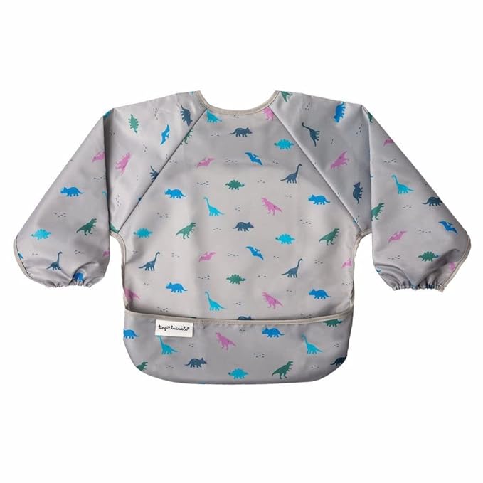 Tiny Twinkle Mess Proof Baby Bib,Waterproof Smock Baby Bib for Eating,Machine Washable Long Sleeve Bib,Baby Led Weaning,Toddler Bib,BLW Supplies(Dinosaur, Small 6-24 Months)