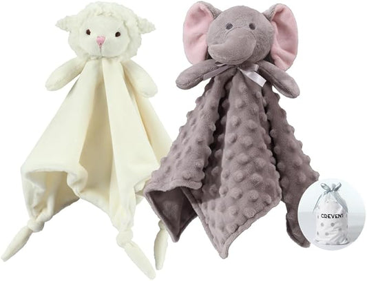 CREVENT 2pcs Soft Plush Animal Face Security Blankets for Boys and Girls, Great Gifts for Birthday Baby Shower (Sheep + Elephant)