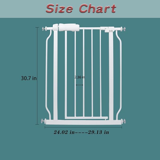 Narrow Walk Through Baby Gate 24.02-29.13 Inch Wide Auto Close Tension White Metal Child Pet Indoor Safety Gates Pressure Mounted for Stairs& Doorways (24.02"-29.13"/61-74CM, White)