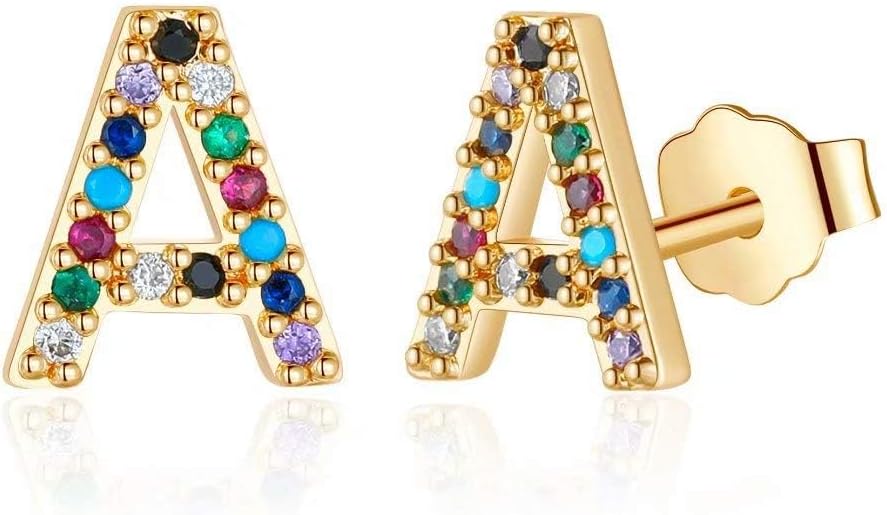 Memorjew Initial Stud Earrings for Women, Hypoallergenic 925 Sterling Silver Post Rainbow Cubic Zirconia Gold Plated 26 Initial Earrings for Women Jewelry Gifts