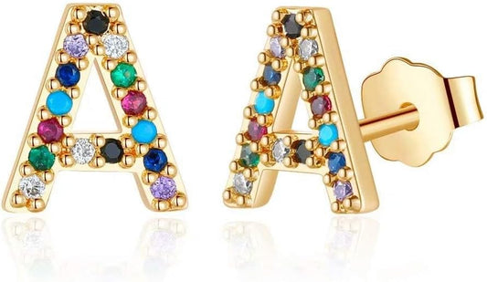Memorjew Initial Stud Earrings for Women, Hypoallergenic 925 Sterling Silver Post Rainbow Cubic Zirconia Gold Plated 26 Initial Earrings for Women Jewelry Gifts