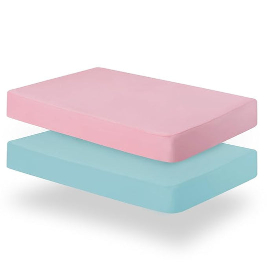 Biloban Crib Sheets Fitted, 2 Pack Sheet Fits Standard Crib Mattress, Neutral Toddler Bed Sheets for Baby Boys and Girls, Pink & Aqua, 52'X 28'