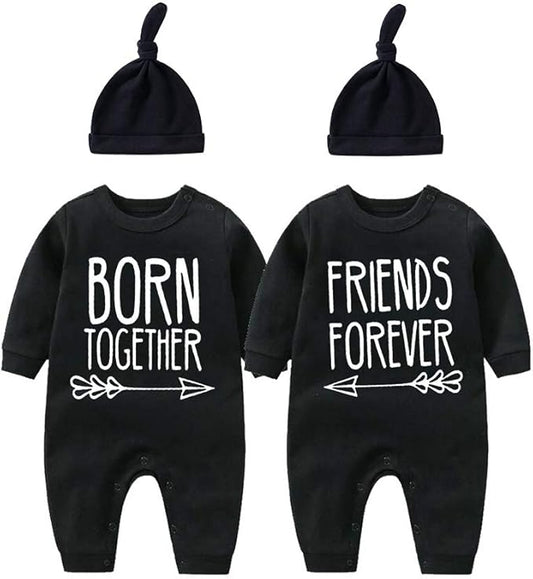 YSCULBUTOL Baby Twins Bodysuit Born Together Friends Forever Newborn Clothes Unisex Twin Outfits With Hat