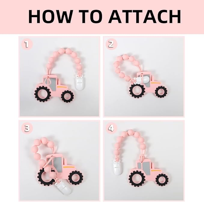 Baby Food Grade Silicone Tractor Truck Teether Toy with One Piece Design Pacifier Clip Holder,Teething Pain Relief Toys Gift Set for 3 Months+ Boys and Girls,Freezer Safe,BPA Free. (Pink)