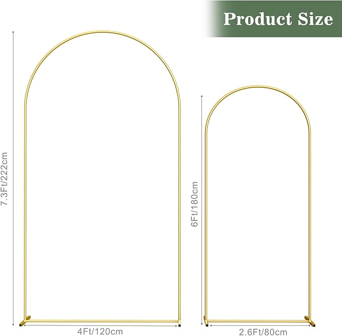 Wedding Arch Backdrop Stand Set of 2 (7.3FT/6FT), Gold Metal Arch Backdrop Stand,Balloon Arch Stand for Wedding Ceremony Baby Shower Outdoor Indoor Birthday Party Graduation Decoration,Gold