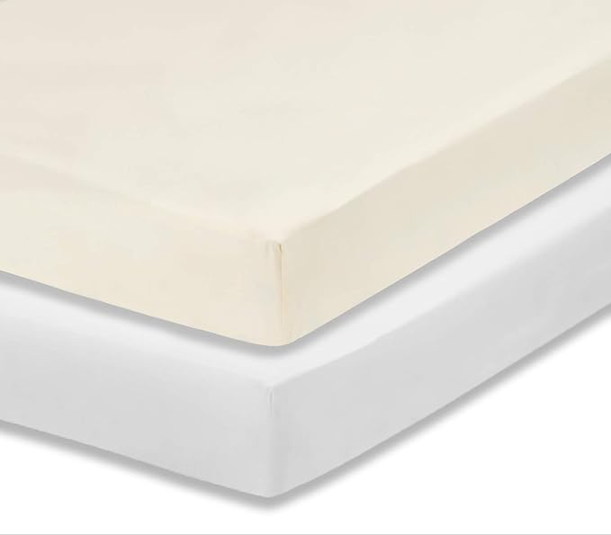Everyday Kids 2-Pack Fitted Crib Sheets, 100% Soft Breathable Microfiber Baby Sheet, Fits Standard Size Crib Mattress 28in x 52in, White Nursery Sheet and Beige Nursery Sheet