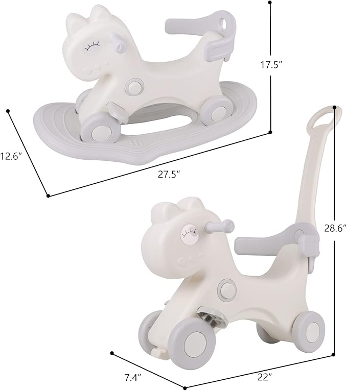4 in 1 Rocking Horse for Toddlers 1-3 Years Old, Baby Rocking Toy Fun Birthday Gift for 1+ Kids, Ride on Toy with Detachable Balance Board and Footrest，Balance Bike with Push Handle，White