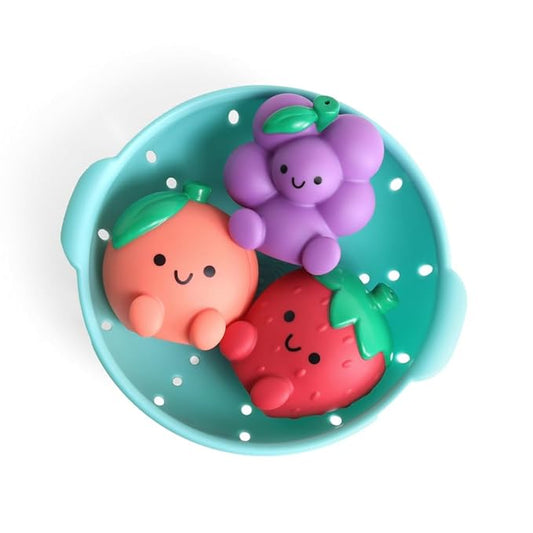 Itzy Ritzy Bath Squirter Toys – Set of 3 Textured, Fruit-Shaped Bath Toys & 1 Sprinkle Strainer – Itzy Splash Pals Promote Sensory Play, Cause & Effect, & Motor Skill Development – 6 Mos & Up (Fruit)