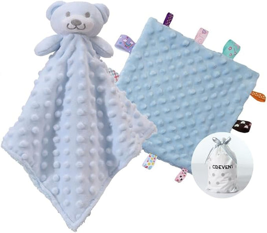CREVENT Soft Plush Animal Face Security Blankets for Boys and Girls, Great Gifts for Birthday Baby Shower (Blue Bear + Tag)
