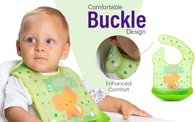 Baby & Toddler Essentials: 3 Gender Neutral Bibs with Temperature Sensitive Spoon and Fork - Washable, Removable/Detachable Food & Drool Catcher, Adjustable Snaps - Cartoon & Animal Graphics.