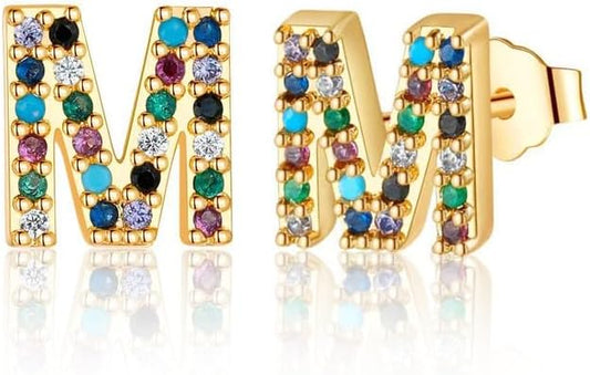 Memorjew Initial Stud Earrings for Women, Hypoallergenic 925 Sterling Silver Post Rainbow Cubic Zirconia Gold Plated 26 Initial Earrings for Women Jewelry Gifts