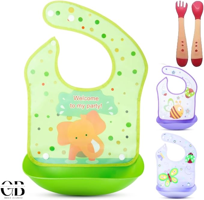 Baby & Toddler Essentials: 3 Gender Neutral Bibs with Temperature Sensitive Spoon and Fork - Washable, Removable/Detachable Food & Drool Catcher, Adjustable Snaps - Cartoon & Animal Graphics.