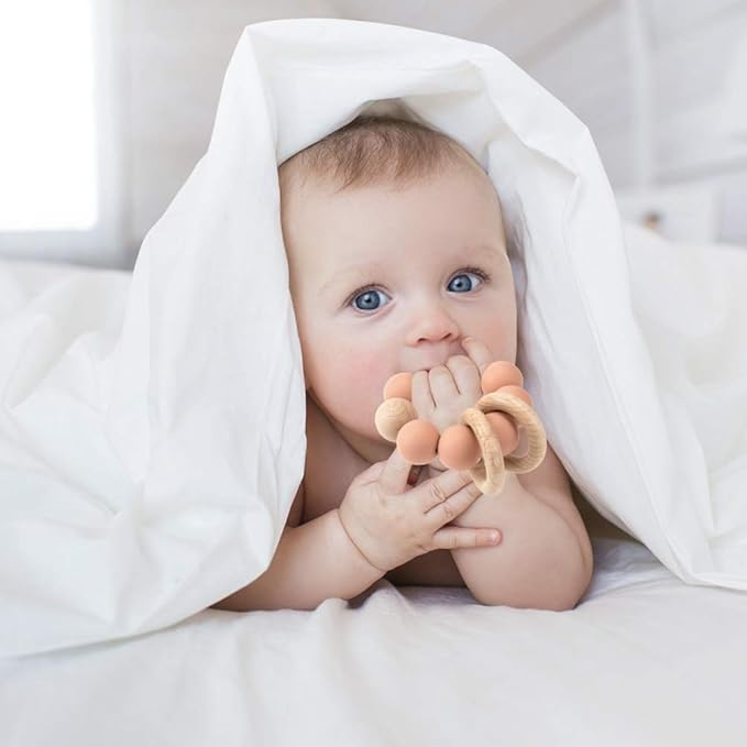 Silicone Baby Teether, Food Grade Silicone & Beech Baby Teething Toy, BPA Free (White)