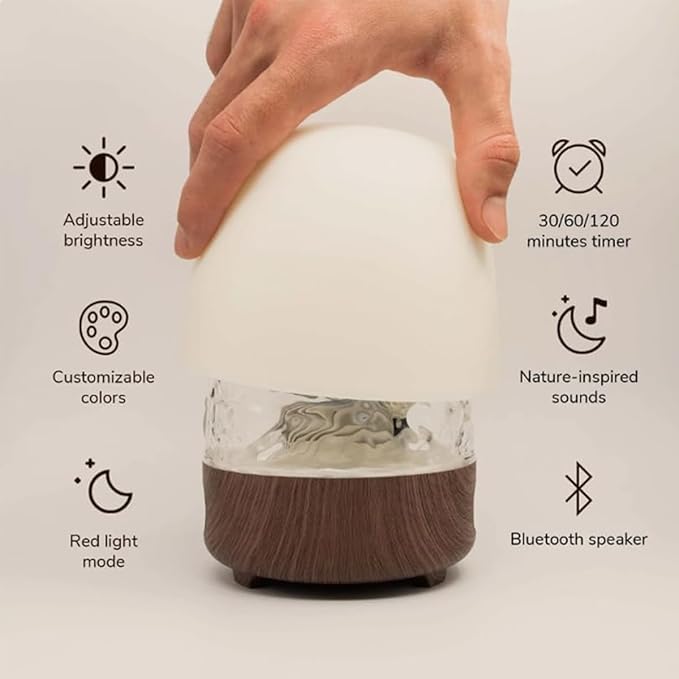 Lunie Light - Night Light & Bluetooth Noise Machine with Ocean Wave Projector, Speaker, Lampshade & Remote - 4 White Noise, 16-Color Touch Dimming for Sleep & Relaxation (Walnut)