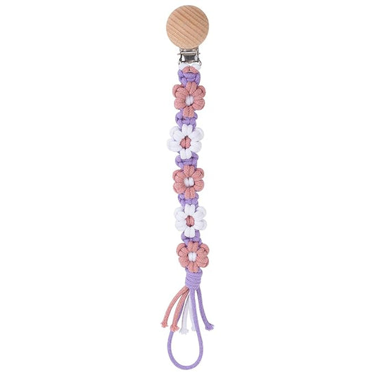 Pacifier Clip for Boys Girls Floral Daisy Macrame Baby Paci Clip Pacifier Holder Leash Boho Wooden Clips Handmade Braided Cotton Binky Clips (1pack:Lavender Style)