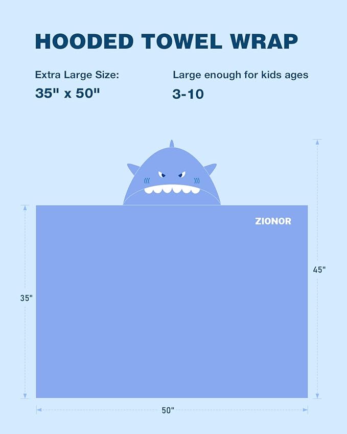 ZIONOR Hooded Bath Towel for Kids - 50''L x 35''W Extra-Large Hooded Towels for Big Kids 6-10, Kids Beach Towels Made from Bamboo Rayon, Suitable for Bath, Pool, Beach(Purple Shark)