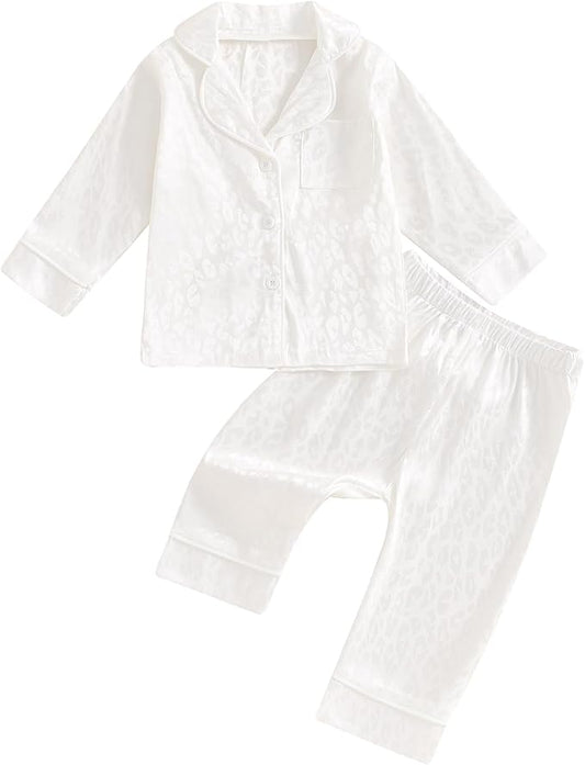 Toddler Kids Baby Girl Solid Pjs Ruffle Long Sleeve Button Shirt Top and Pants Cotton 2Piece Pajamas Set