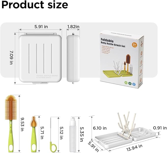 YOTIME Travel Bottle Brush, Travel Bottle Cleaner Kit with Foldable Bottle Drying Rack, for Visit Friends and Relations, Baby Travel Essentials, BPA Free, White