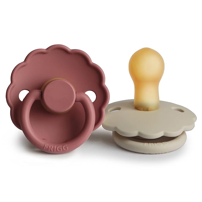 FRIGG Daisy Natural Rubber Baby Pacifier | Made in Denmark | BPA-Free (Powder Blush/Cream, 0-6 Months) 2-Pack