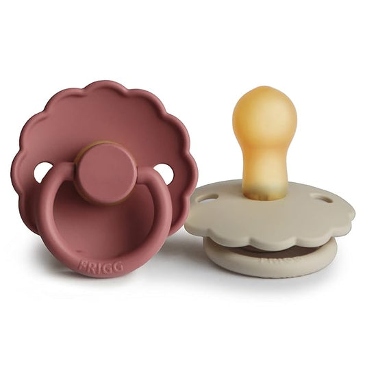 FRIGG Daisy Natural Rubber Baby Pacifier | Made in Denmark | BPA-Free (Powder Blush/Cream, 0-6 Months) 2-Pack