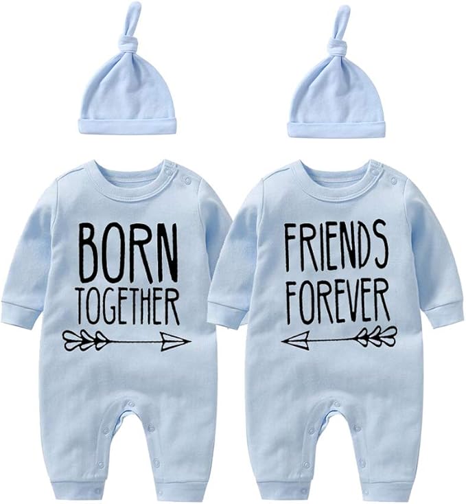 YSCULBUTOL Baby Twins Bodysuit Born Together Friends Forever Newborn Clothes Unisex Twin Outfits With Hat