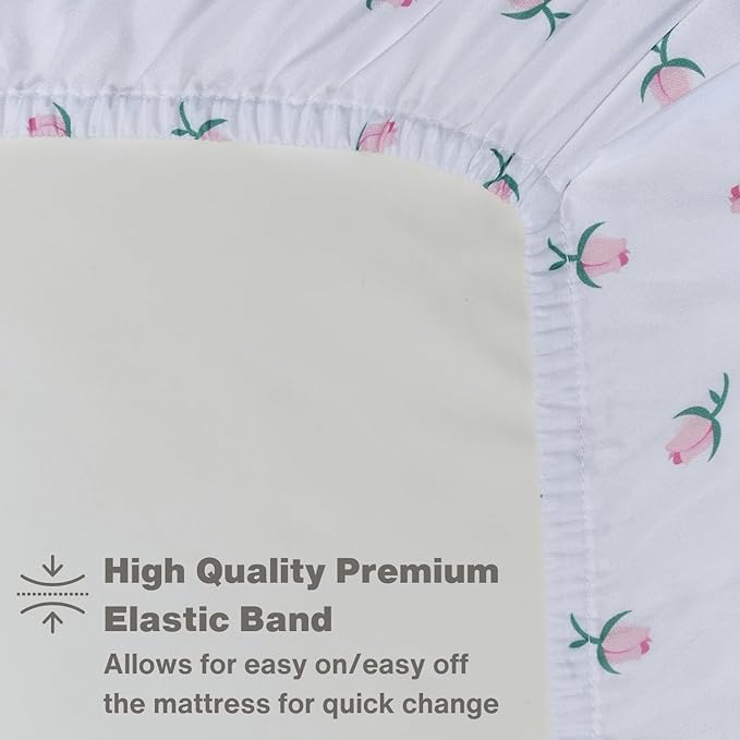 EVERYDAY KIDS 2 Pack Fitted Girls Crib Sheet, 100% Soft Breathable Microfiber Baby Sheet, Fits Standard Size Crib Mattress 28in x 52in, White and Pink Nursery Sheets with Flowers, Roses and Rosebuds