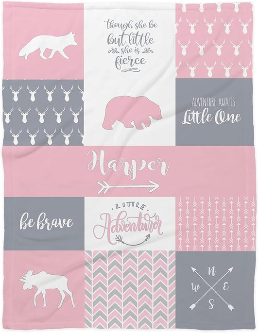 Pink Woodland Personalized Throw Blanket - Personalized Kids Blankets for Girls-Custom Throw Blankets- Woodland Nursery Décor - Pink Blankets