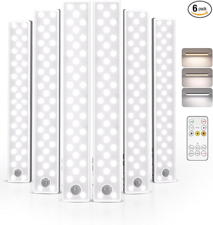 EZVALO Under Cabinet Lights, 62 LED Rechargeable Battery Operated Motion Sensor Light Indoor 3 Color Temps, Wireless Closet Lights Under Counter Lights for Kitchen 6 Pack